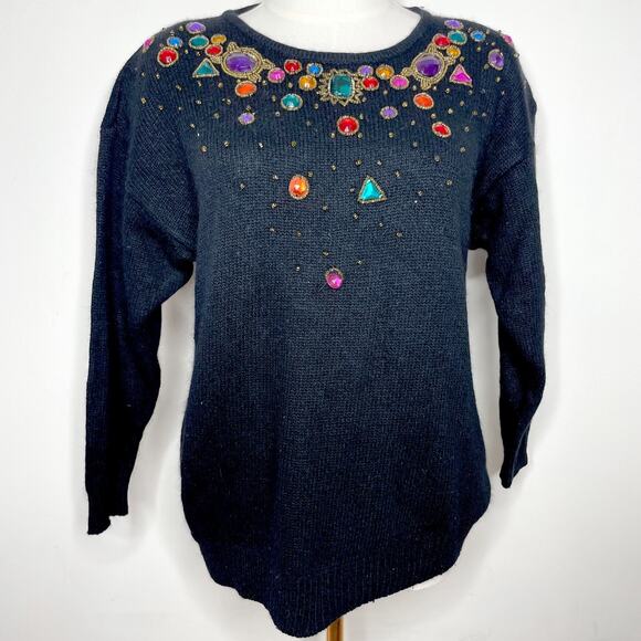 Vintage 80s 90s Jeweled Beaded Retro Black Maximalist Holiday Grandma Sweater L - Picture 1 of 6